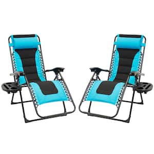 Black Foldable Metal Frame Padded Outdoor Cloth Gravity Chairs with Foot Cover and Big Cupholder in Turquoise (2-Pack)