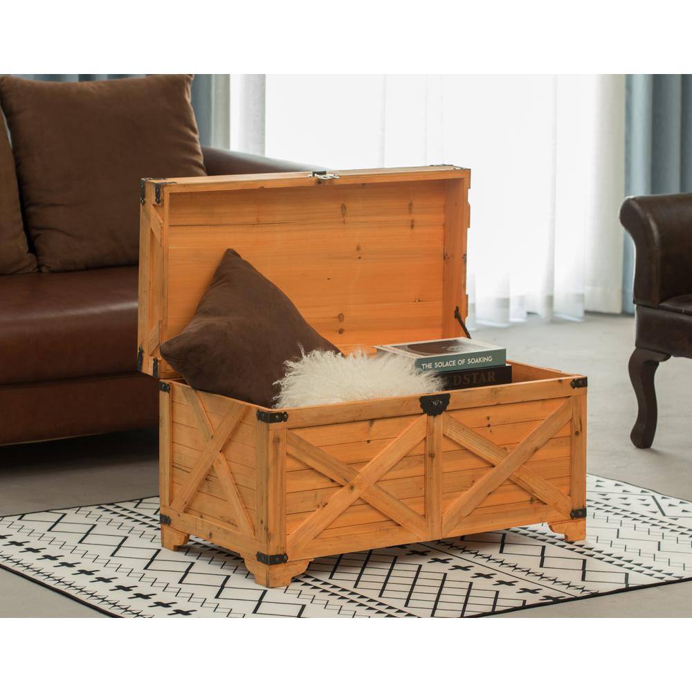 Large Natural Wood Farmhouse Storage Trunk Chest with Hinged Lid
