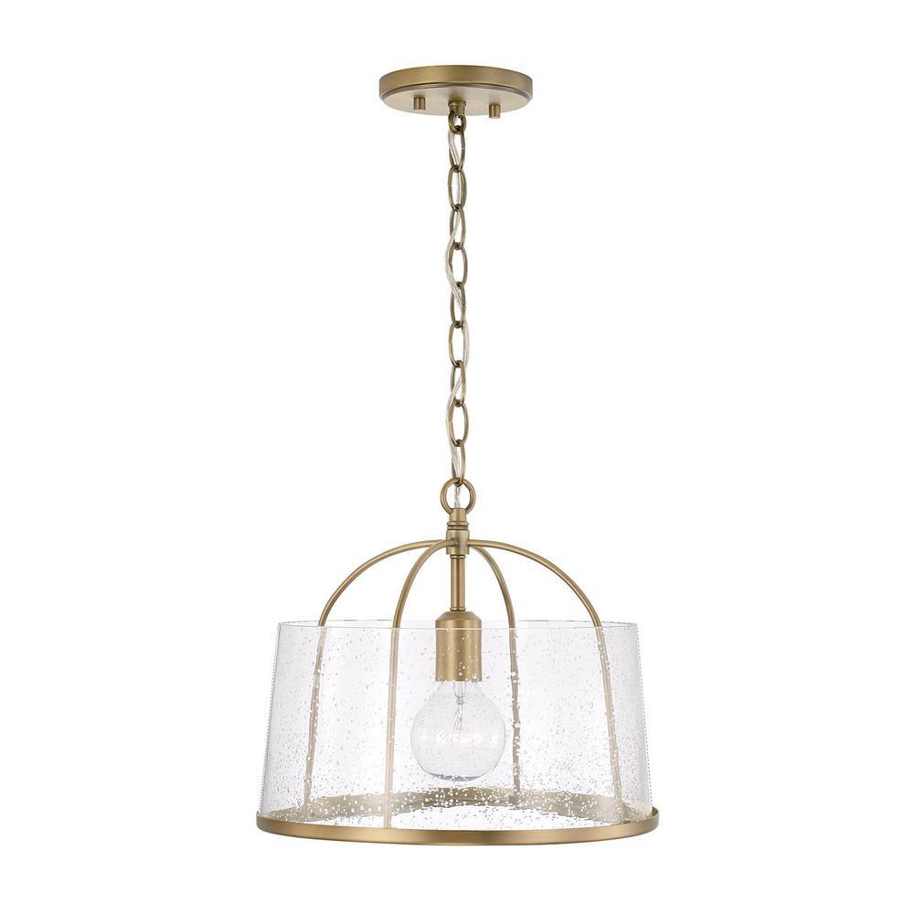 Aged Brass and Clear Seeded Glass Drum Pendant Light