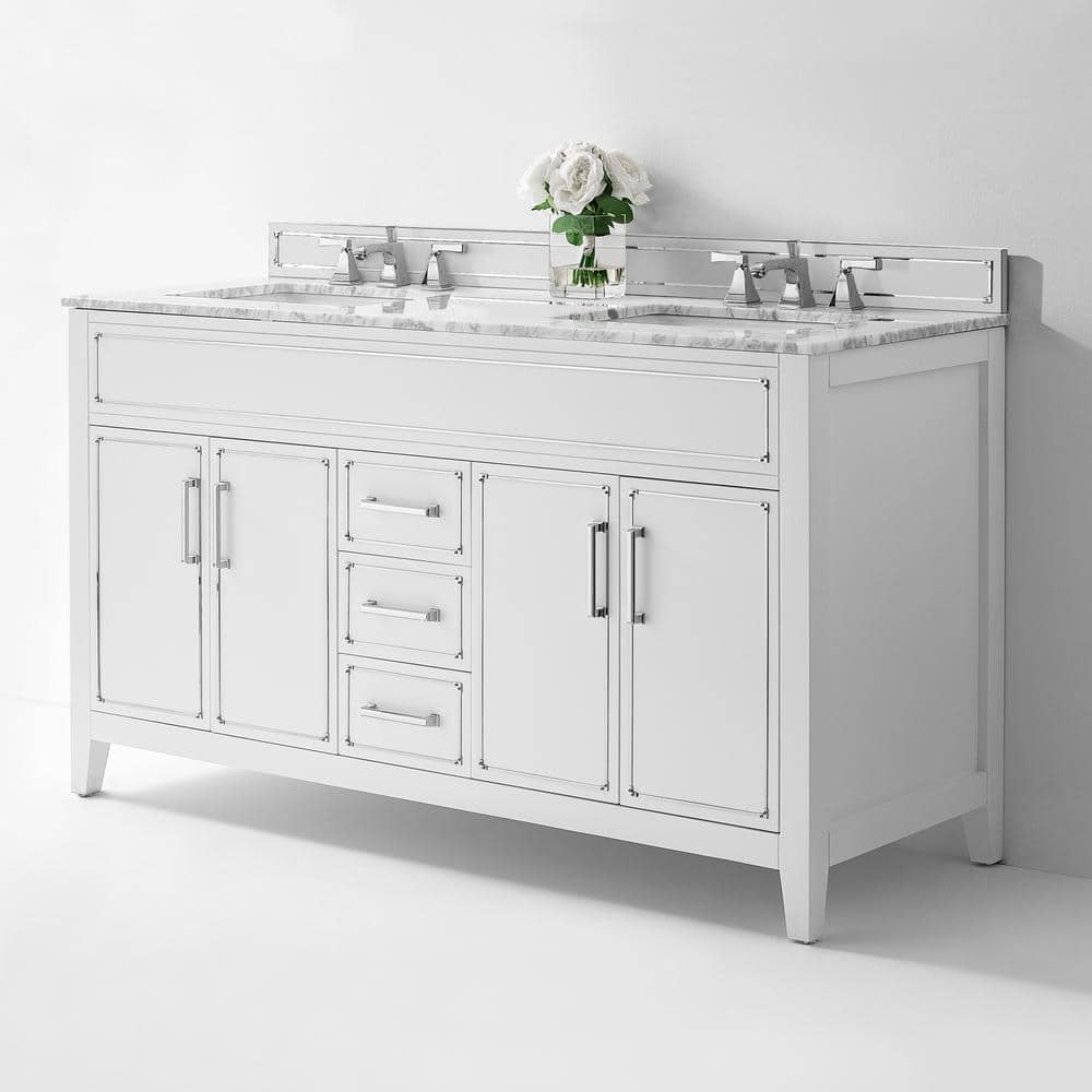 Aspen 60'' White Double Sink Bathroom Vanity with Marble Top