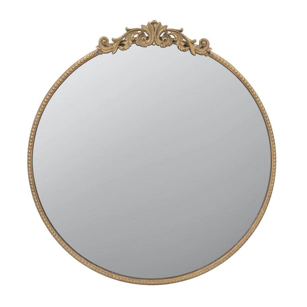 Round Gold Baroque-Inspired Mirror with Silver Detailing