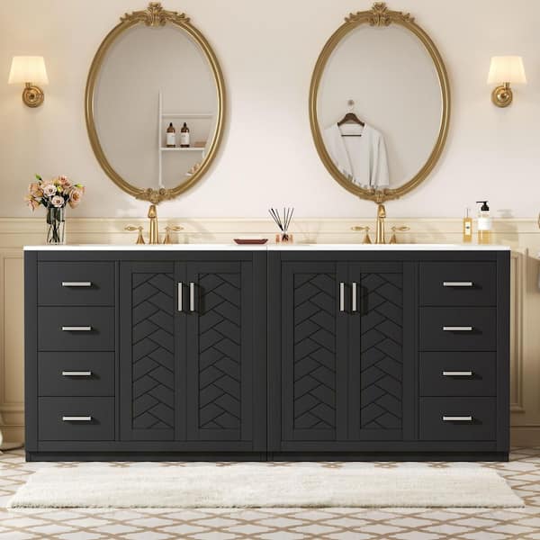 72 in. Double Sink Freestanding Black Bath Vanity with White Ceramic Top