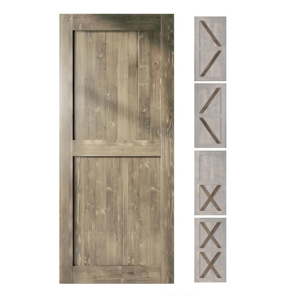 HOMACER 44 in. x 80 in. 5-in-1 Design Classic Gray Solid Natural Pine Wood Panel Interior Sliding Barn Door Slab with Frame
