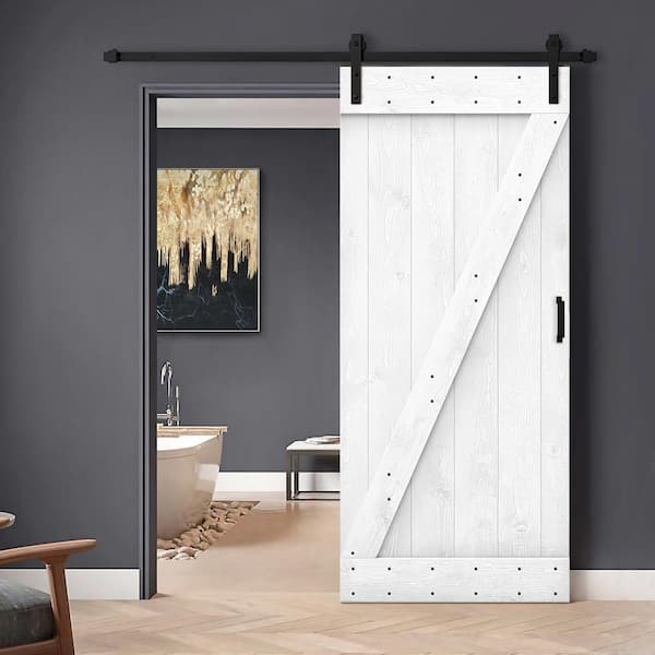 30 in. x 84 in. Z Series White Stained Solid Knotty Pine Wood Interior Sliding Barn Door with Hardware Kit and Handle