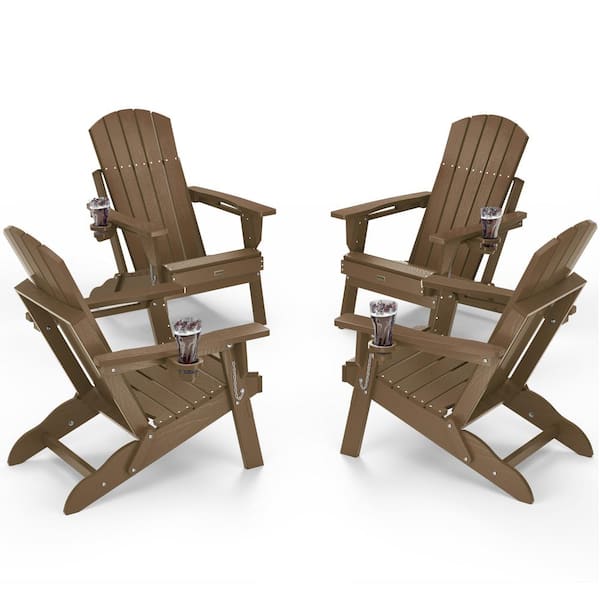 Mximu Teak HDPE Outdoor Folding Plastic Adirondack Chair with Cupholder(4-Pack)