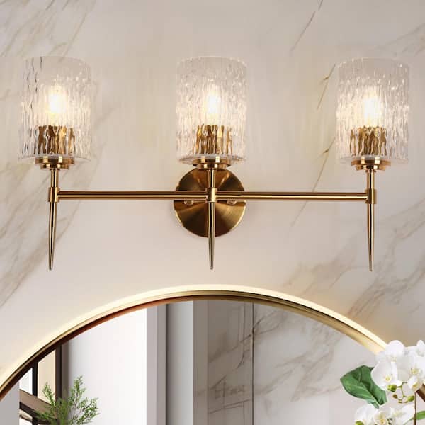 LNC Modern 23.6 in. 3-Light Plating Brass Cylinder Hardwired Vanity Light with Clear Ripple Glass Shades for Bathroom