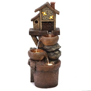 Bowls and Birdhouse Polyresin Cascade Fountain with LED Lights