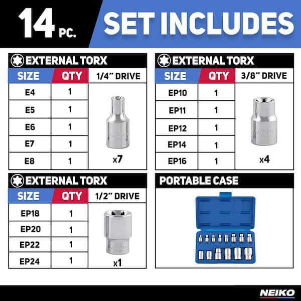 NEIKO 1/4 in. 3/8 in. and 1/2 in. Drive SAE External Torx Deep