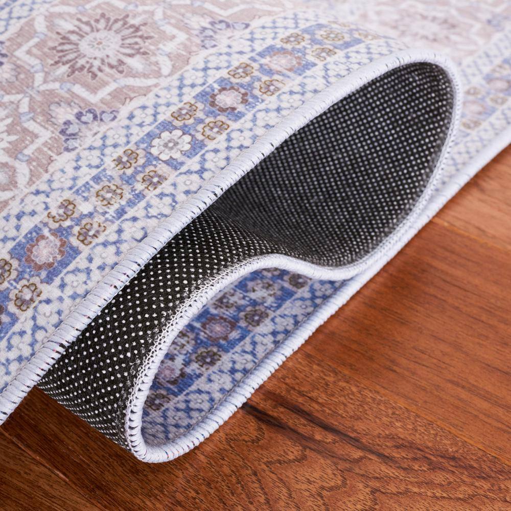 Blue and Rust 6' x 6' Square Washable Synthetic Area Rug