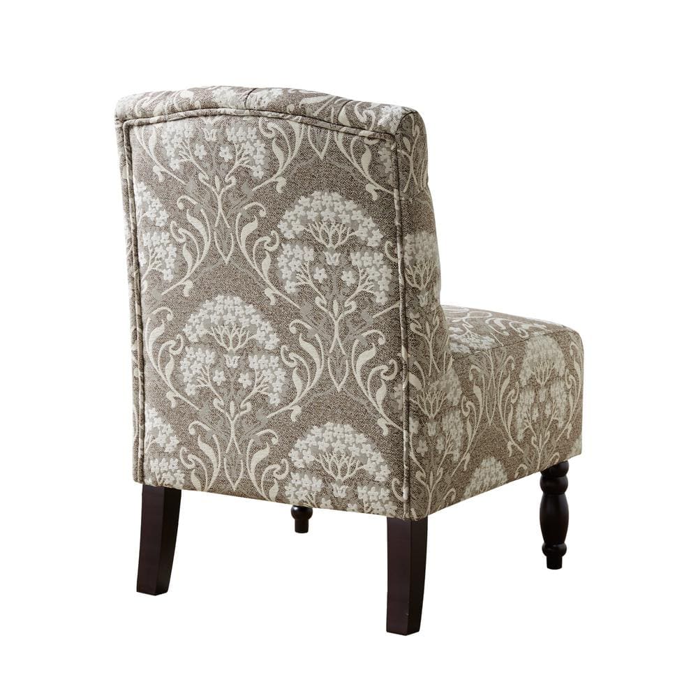 Taupe Floral Handcrafted Wood Armless Accent Chair