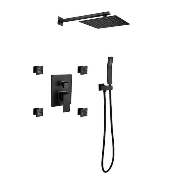 Satico Modern 4-Body Jet Shower Kit 3-Spray 10 in. Square Rain Shower Head with Hand Shower in Matt Black (Valve Included)