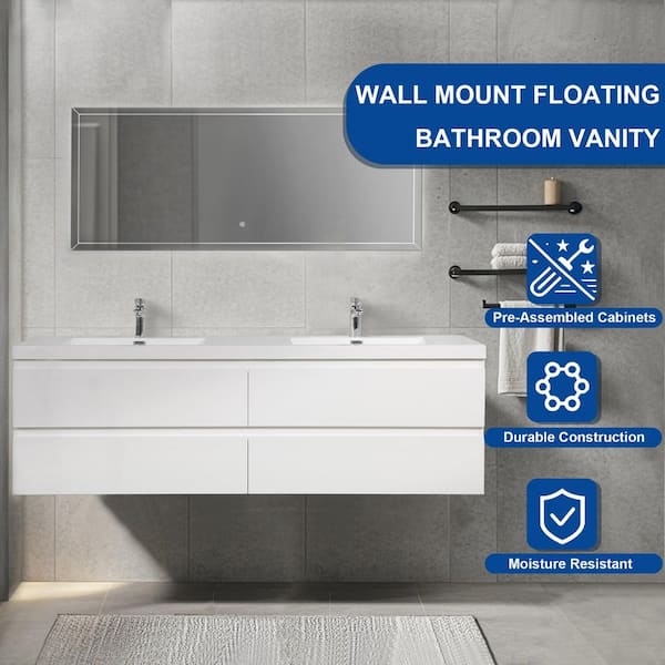 72 in. Wall-Mounted Floating Bath Vanity in Gloss White with Double Solid Surface Sink Top in White