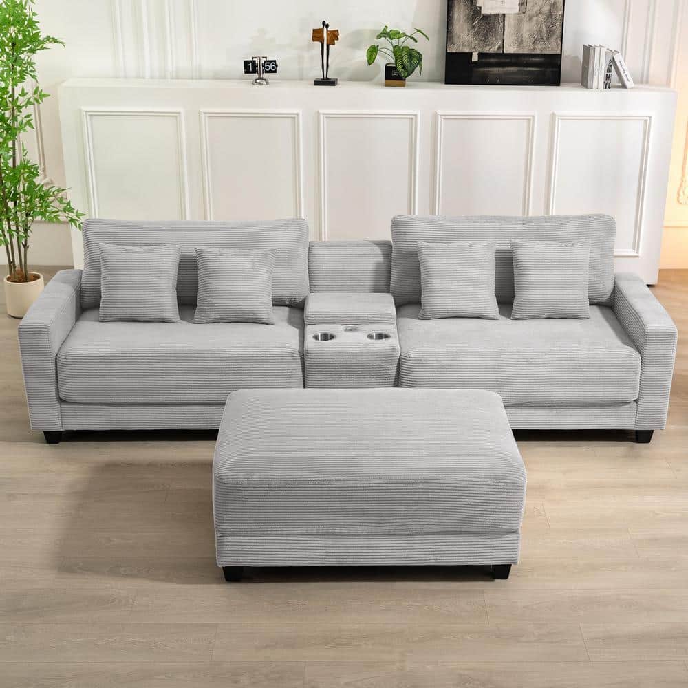 Laibai 111.81 in. Square Arm Velvet Modular 3-Piece Modern Sofa with Cup Holder and Ottoman in Grey price history on PriceWatchPro