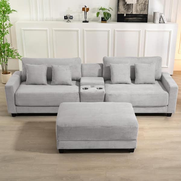 JEAREY Laibai 111.81 in. Square Arm Velvet Modular 3-Piece Modern Sofa with Cup Holder and Ottoman in Grey