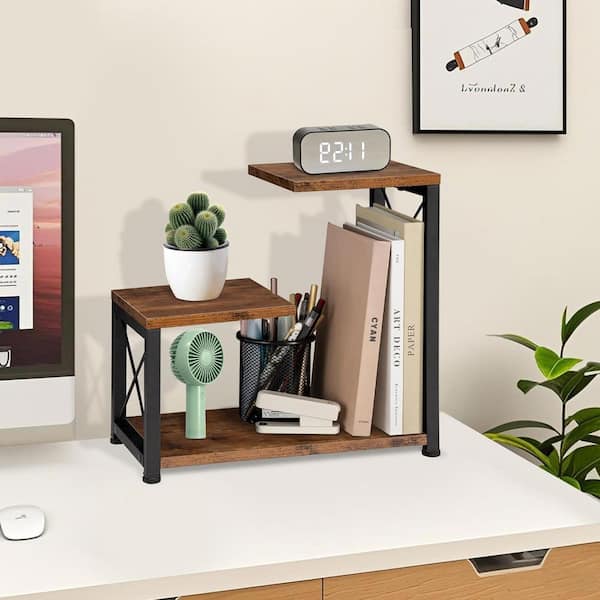 Brown 13 in. x 13.2 in. Wood Desk Organizer Shelf with Metal Frame