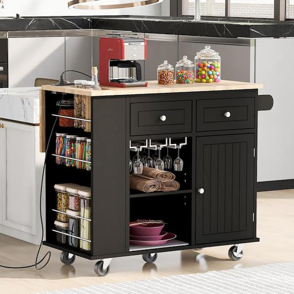 tunuo Black Rubber Wood 40 in. Kitchen Island with Drawers and Power Outlet, MDF Kitchen Island with Wine Rack and Drop Leaf