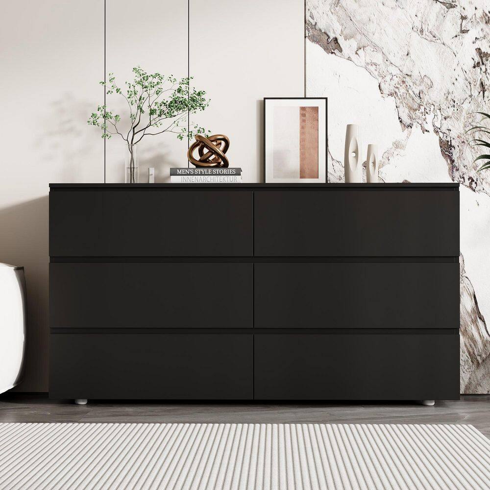 Black 6-Drawer 59 in. W Wooden Dresser without Mirror, Chest of Drawers, Storage Sideboard