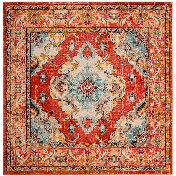 Monaco Orange/Light Blue 8 ft. x 8 ft. Distressed Border Medallion Square Area Rug