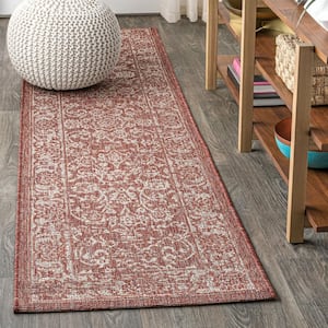 Tela Bohemian Textured Weave Floral Red/Taupe 2 ft. x 8 ft. Indoor/Outdoor Runner Rug