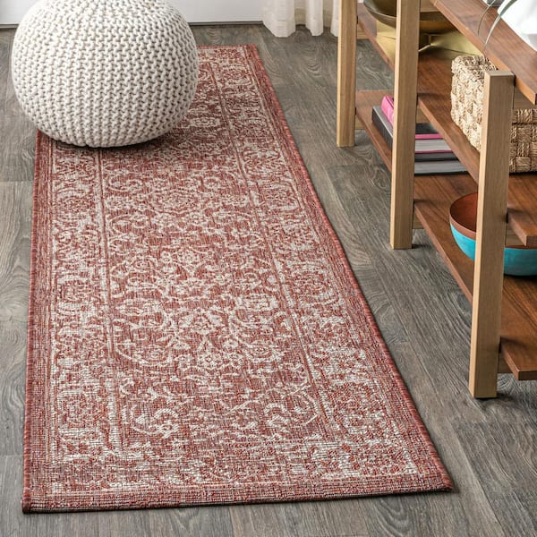 JONATHAN Y Tela Bohemian Textured Weave Floral Red/Taupe 2 ft. x 8 ft. Indoor/Outdoor Runner Rug