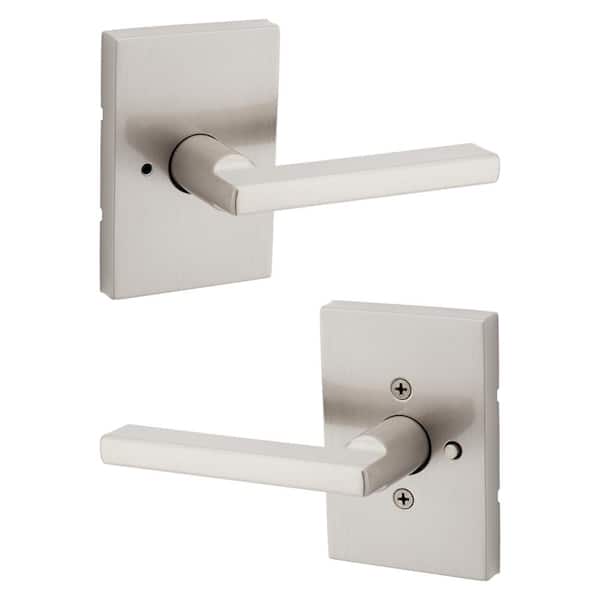 Kwikset Halifax Rectangle Rose Satin Nickel Privacy Bed/Bath Door Handle with Microban