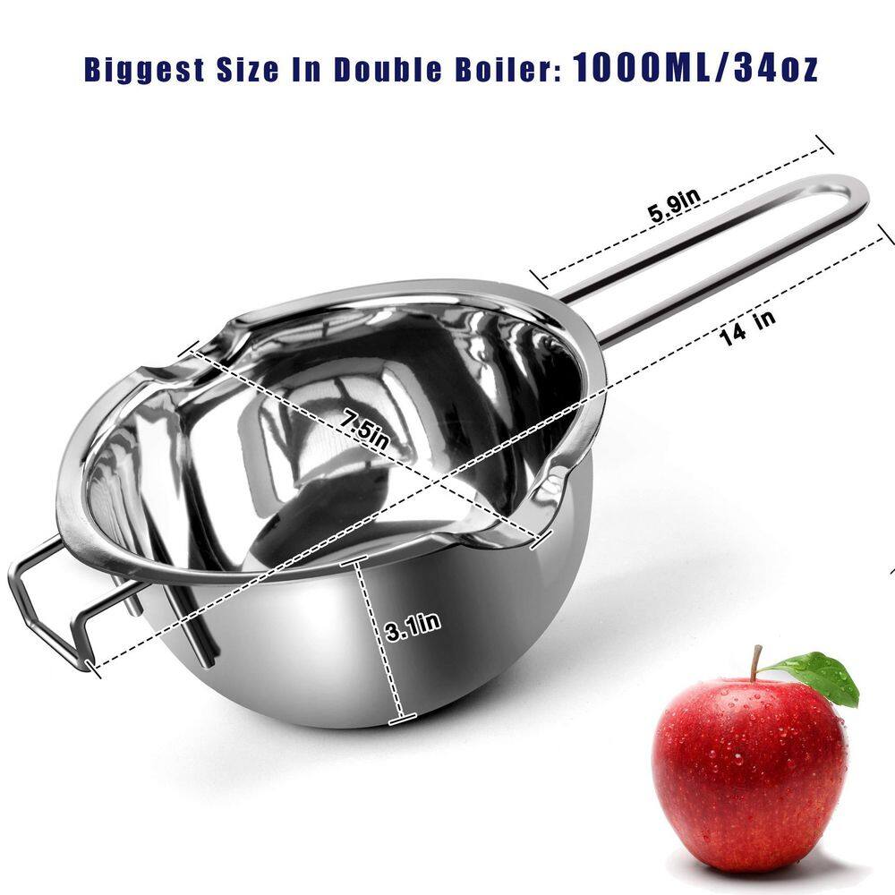 Stainless Steel Double Boiler Pot 1000ml 34 oz. Silver Melting Pot with Heat Resistant Handle and Dual Pour Spouts - Thumbnail 3