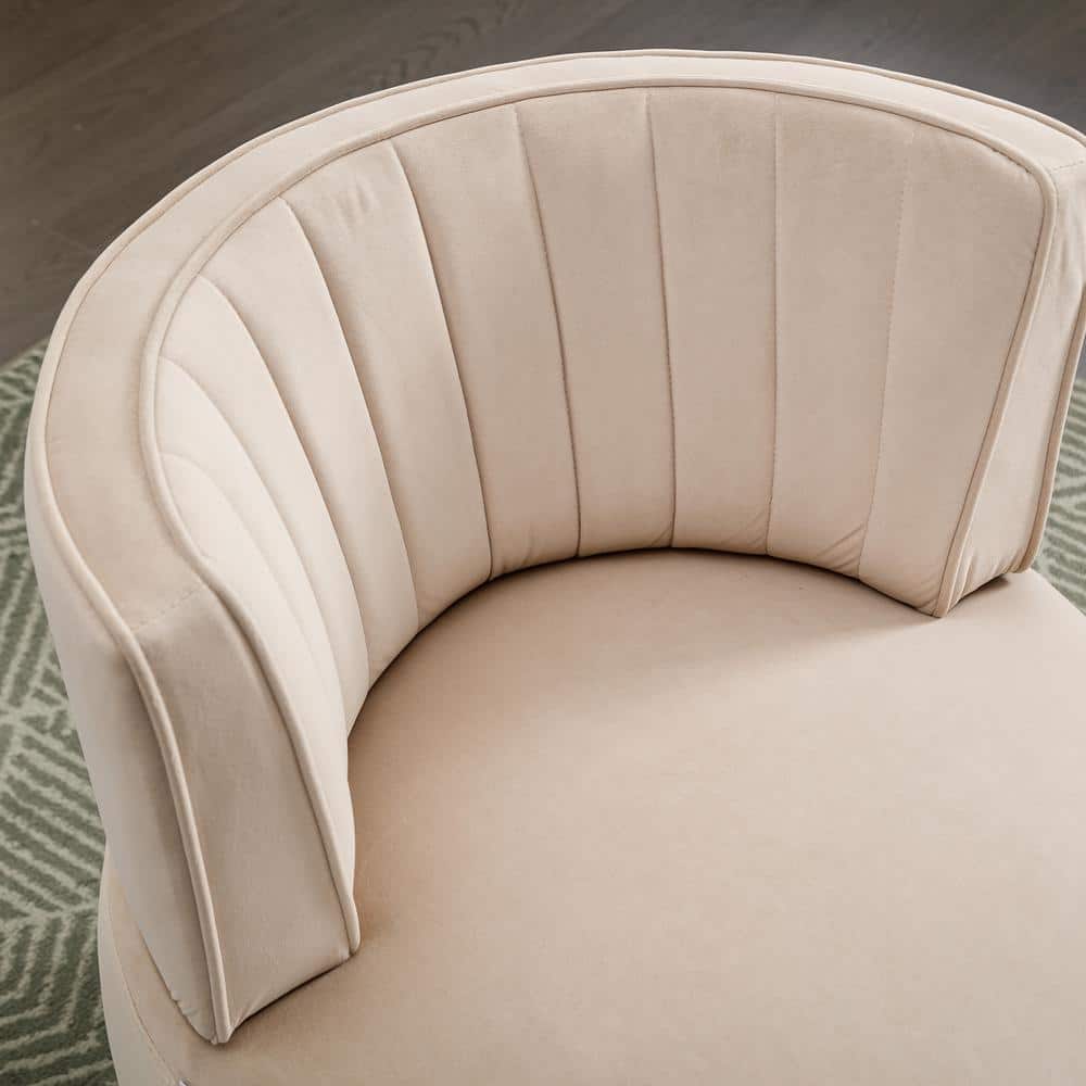 Beige Velvet Swivel Barrel Accent Chair with Metal Base