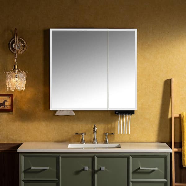 30 in. W x 28 in. H Rectangular Aluminum Surface-Mount Bathroom Medicine Cabinet with Mirror and LED Light in White