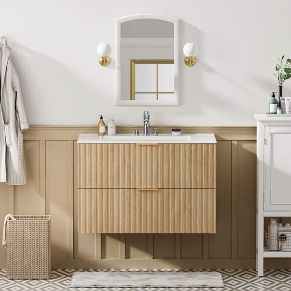 30 in. Floating Oak Wood Bath Vanity with White Ceramic Top Unassembled, Dual-Drawer Storage, Horizontal Stripe Design