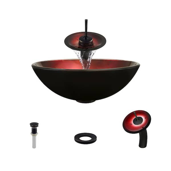 MR Direct Glass Vessel Sink in Red Foil Undertone with Waterfall Faucet and Pop-Up Drain in Antique Bronze