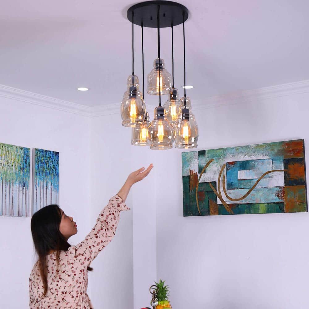 Mariana Cognac Glass and Antique Black 6-Light Pendant