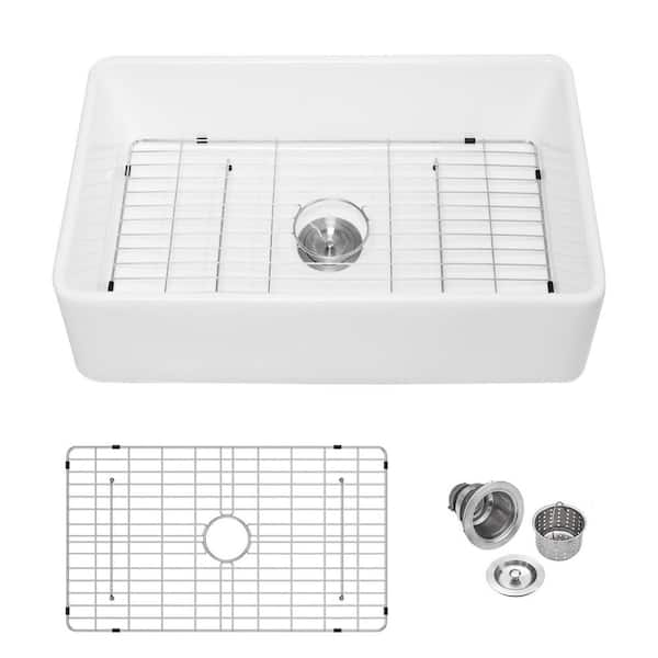 33 in. x 20 in. Farmhouse Single Bowl White Fireclay Kitchen Sink 9 in. Deep with Accessories