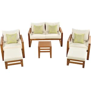 Brown 6-Piece Wood Outdoor Patio Conversation Set and Ottomans with Beige Cushions