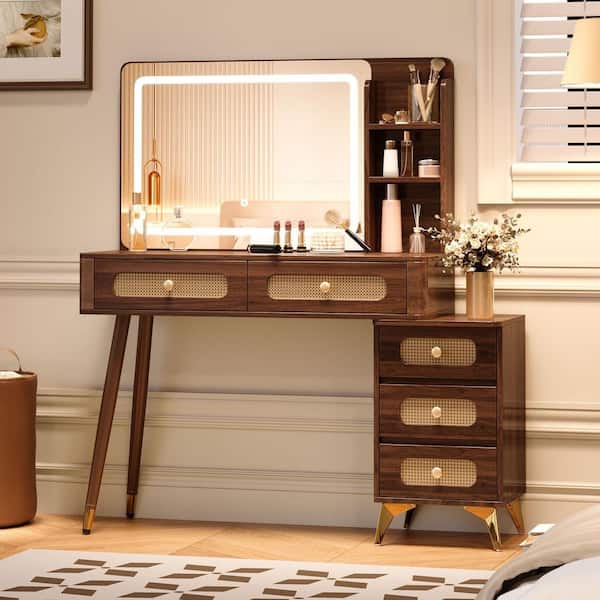 Harper & Bright Designs Vintage 47 in. Dark Walnut Makeup Vanity Dressing  Table with Mirror, 3 Color Modes Light, 5-Drawers and Storage Shelf ...