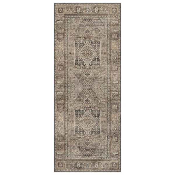 Naiad Machine Washable Sage 2 ft. x 10 ft. Geometric Border Indoor Area Rug