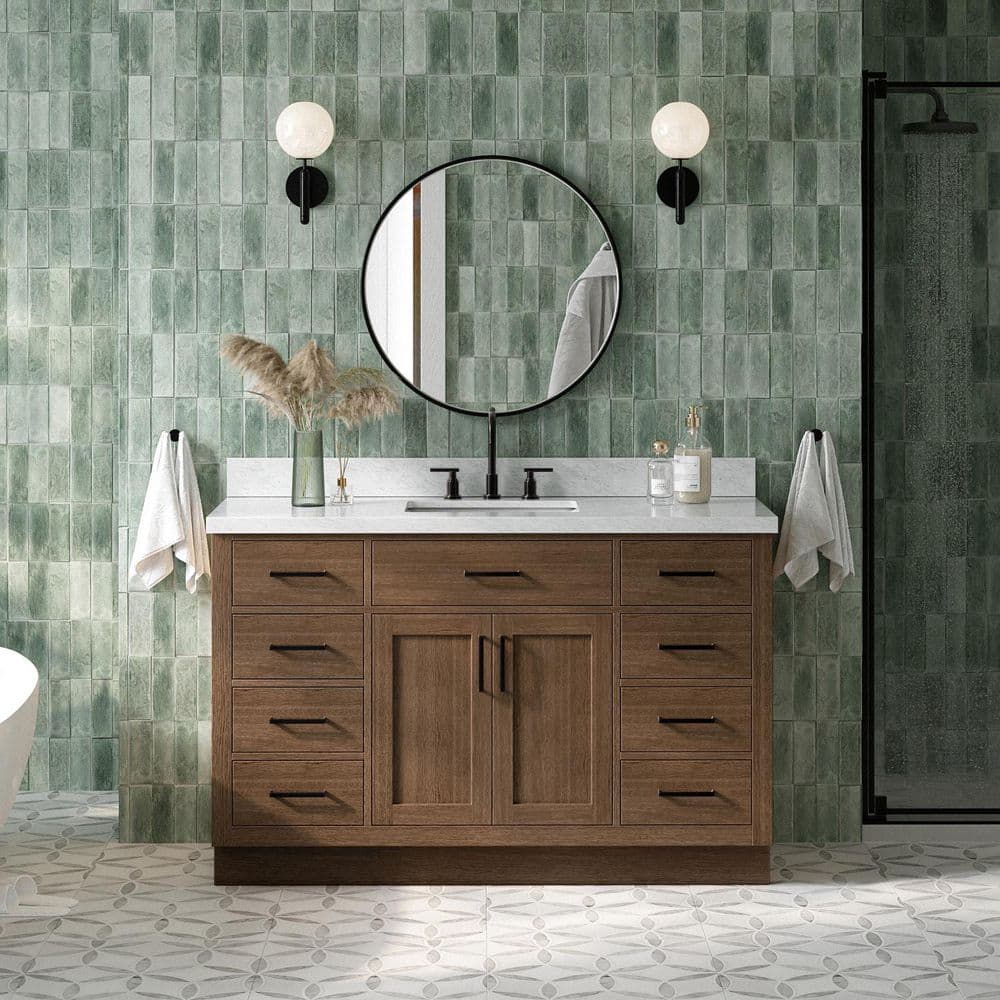 Hepburn 54 in. Single Sink Freestanding in Brown Oak Bath Vanity with Carrara White Marble Top price history on PriceWatchPro