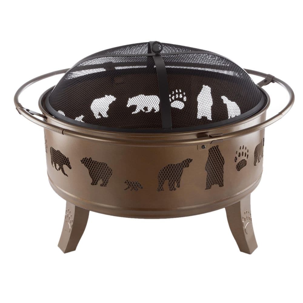 32-Inch Antique Gold Steel Wood Burning Fire Pit with Bear Cutouts