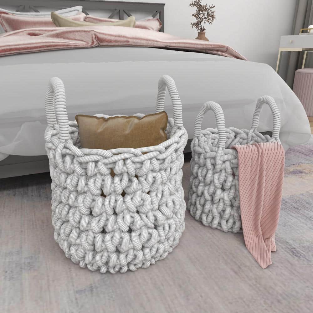 Gray Fabric Round Storage Baskets with Handles, Set of 2