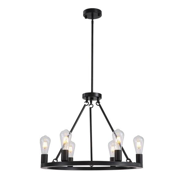 SILJOY 24 in.Black Round Chandelier Modern 6-Light Wagon Wheel Black Chandelier Farmhouse Island Pendant Light