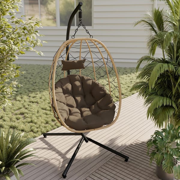 Summit Egg shape outdoor single person paito swing chair metal stand foldable round shell removeable cushions Light Grey