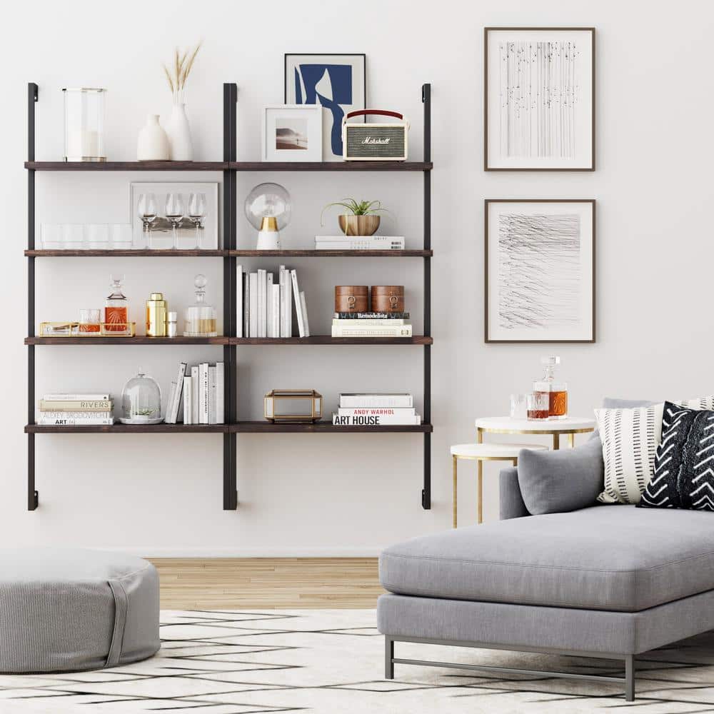 Nutmeg and Matte Black 42" Wood and Metal Floating Wall Shelf