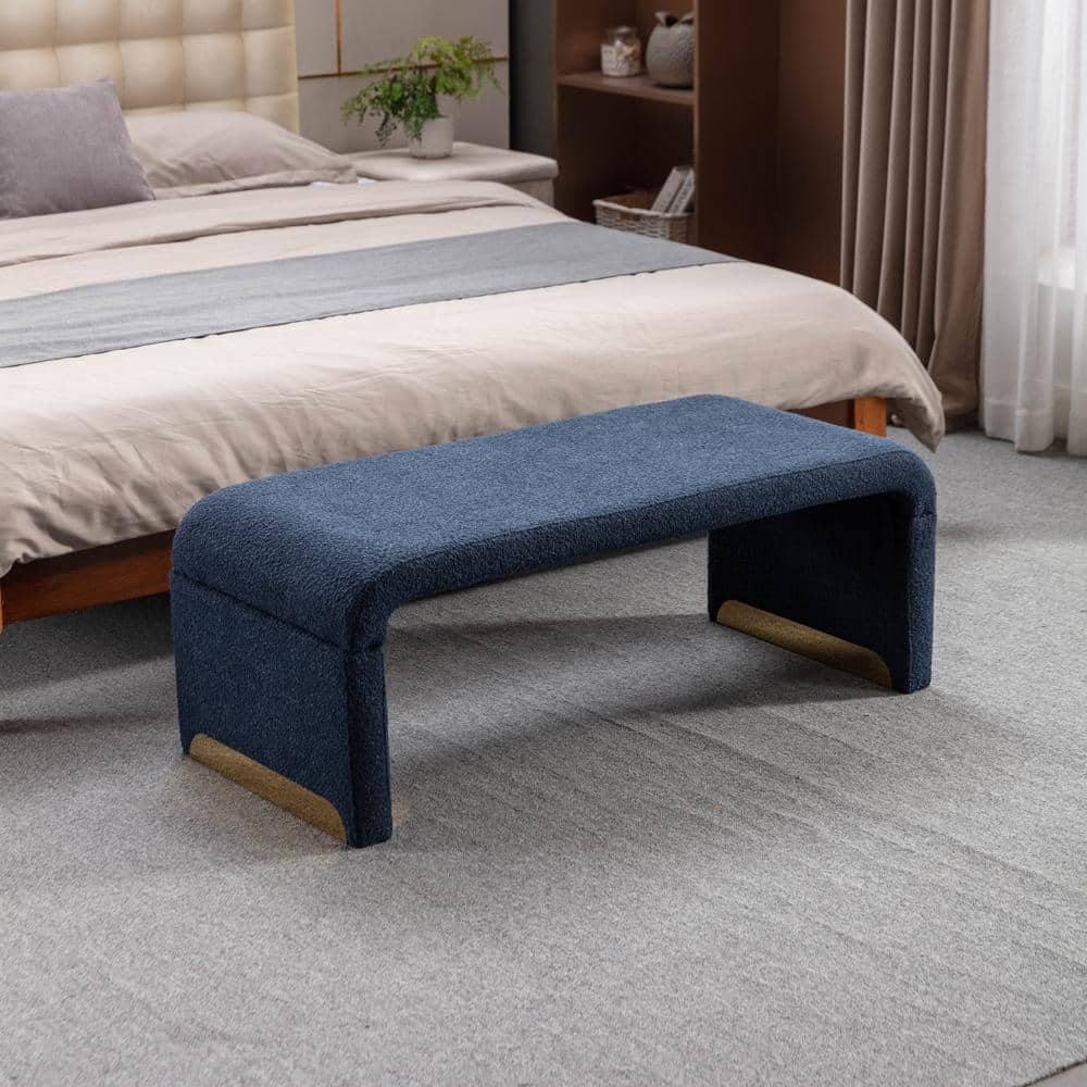 Dark Blue 43 In. Boucle Fabric Loveseat Ottoman Footstool Bedroom Bench ...