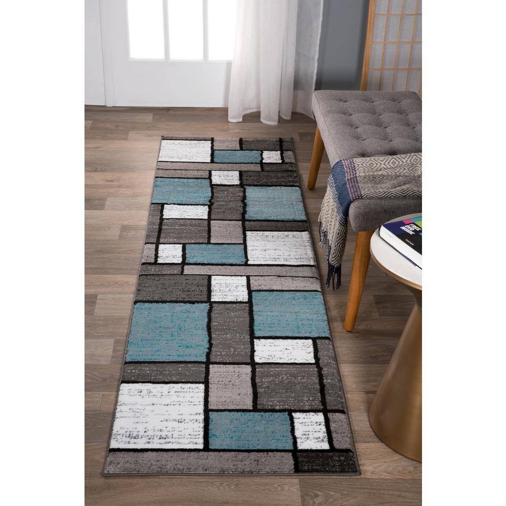 Contemporary Blue and Gray Geometric Synthetic Runner Rug 2' x 10'