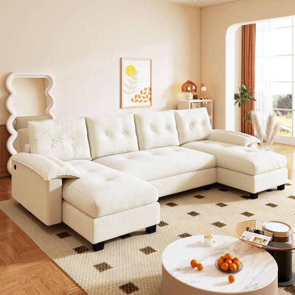 Colbert 104.7 in. Chenille U-Shaped Convertible Sleeper Pull Out Modular Sectional Sofa in Beige with USB Charging