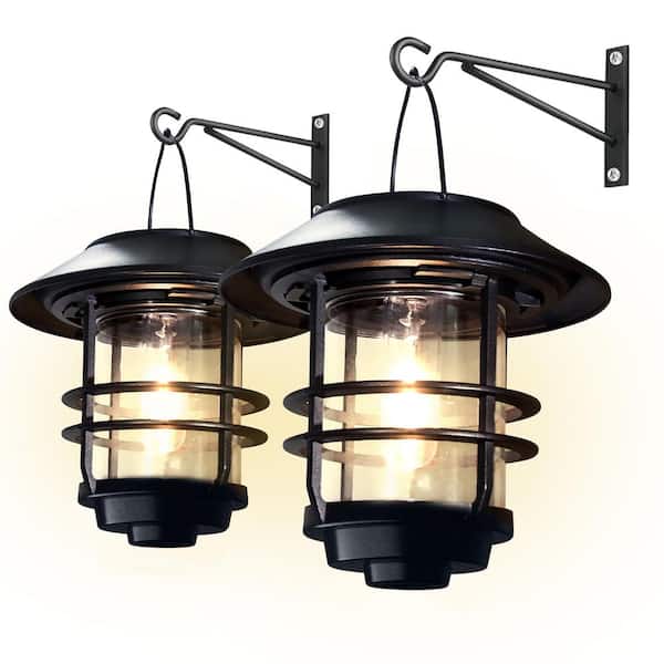 Angel Sar Black Waterproof Glass Solar Hanging Lantern Light for Front Porch, Patio and Yard (2-Pack)