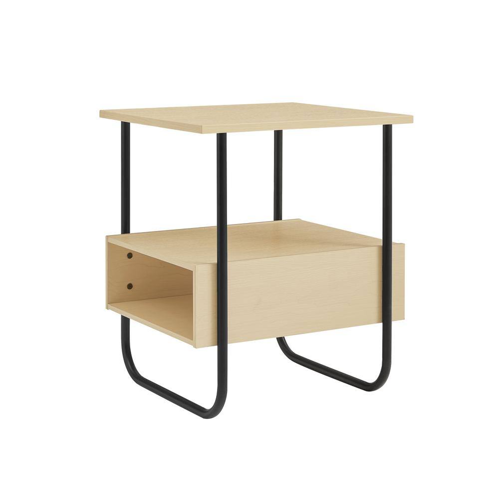 Light Maple and Black Metal Modern End Table with Open Shelf