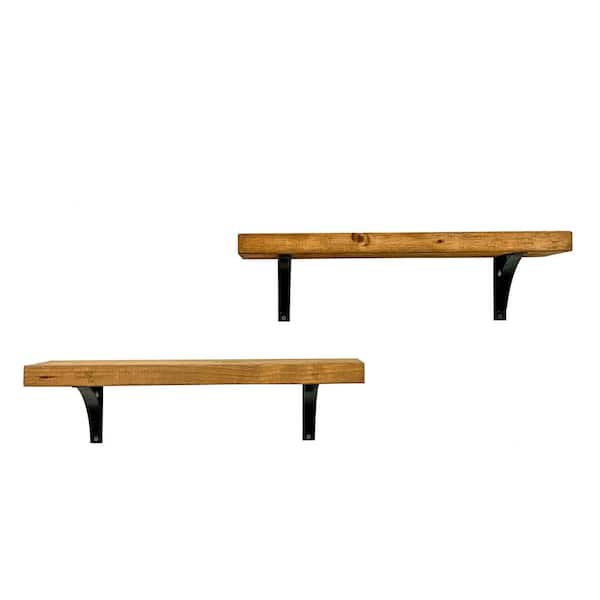 Del Hutson Designs Industrial Grace Simple 5.5in x 24in x 7in Walnut Pine Wood Set of Two Floating Decorative Wall Shelves with Brackets