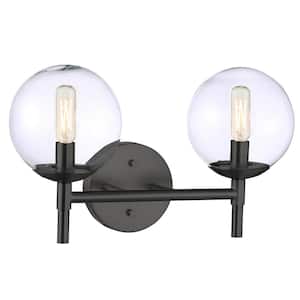 Auresa 15.75 in. 2-Light Black Globe Vanity Light with Clear Glass Shades