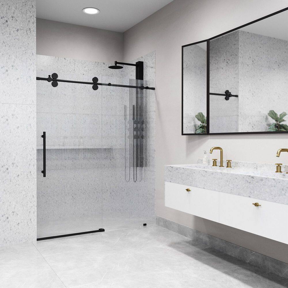 Elan Matte Black Frameless Sliding Shower Door with Fluted Glass