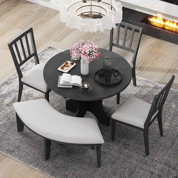 Harper & Bright Designs 5-Piece Round Gray MDF Top Dining Table Set with 3-Beige Upholstered Chairs and Curved Bench